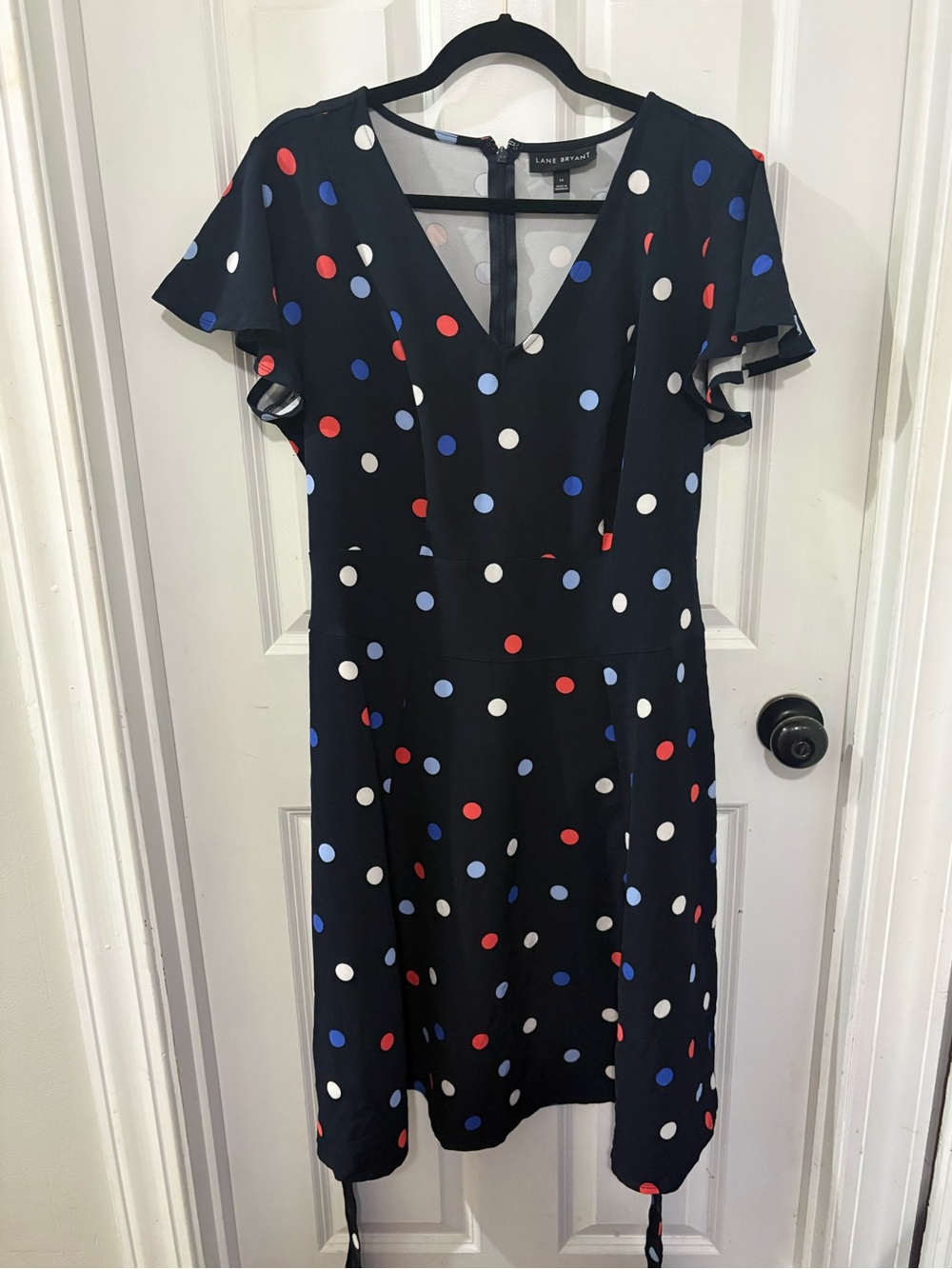 Lane Bryant Polka Dot Dress Sz 14 Navy Red White Blue Flutter Sleeve Fit & Flare